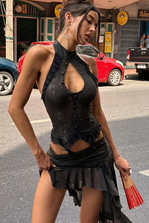 Chic Cut Out Halter Backless Asymmetric Crop Top Skirt Sets
