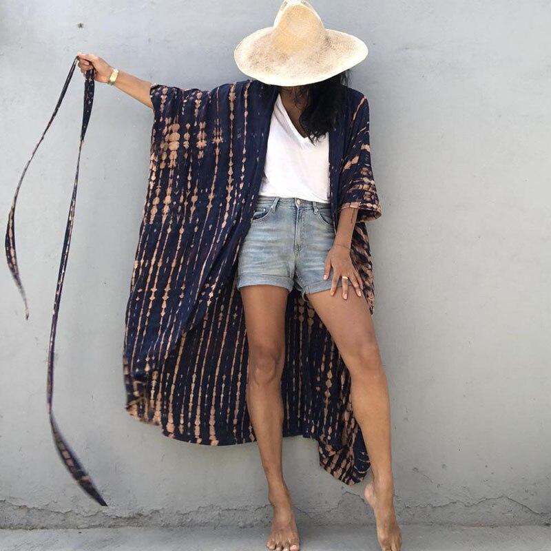 Soft Rayon Tie-Dye Lines Boho Kimono Cover up