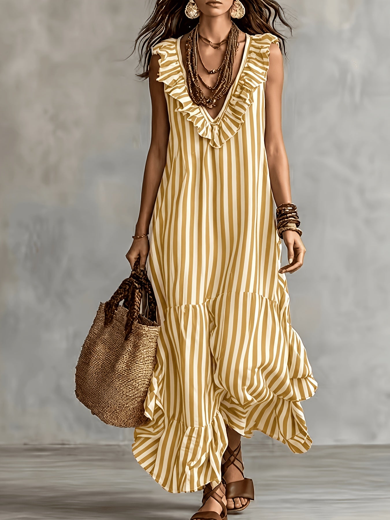 Striped Ruffled V Neck Boho Maxi Dress for Vacation