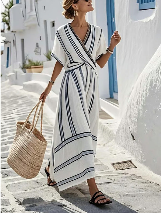 Casual Loose Retro Striped Print Holiday Summer Dress