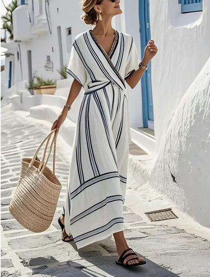 Casual Loose Retro Striped Print Holiday Summer Dress