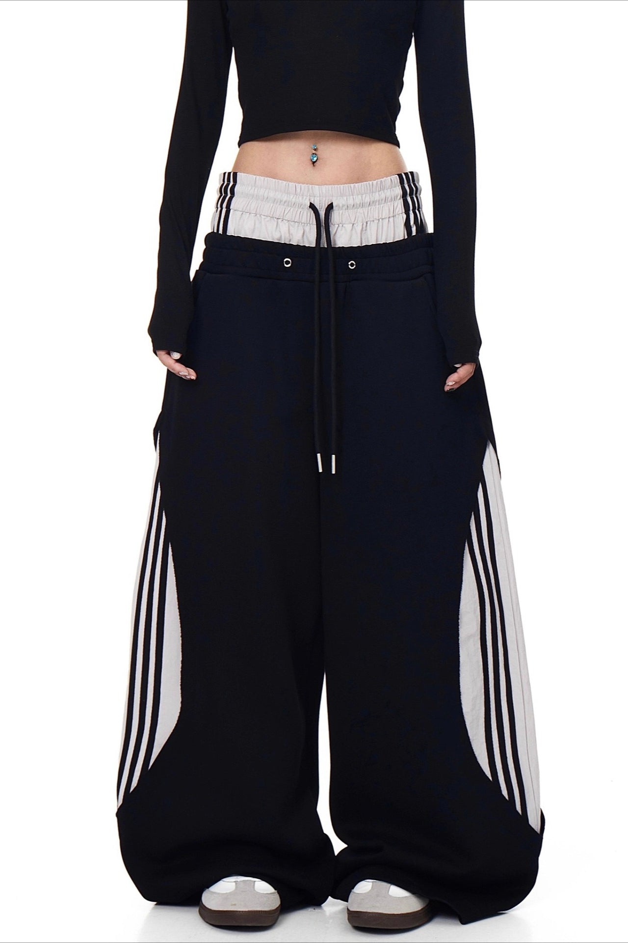 Double Waist Drawstring Stripe Pants