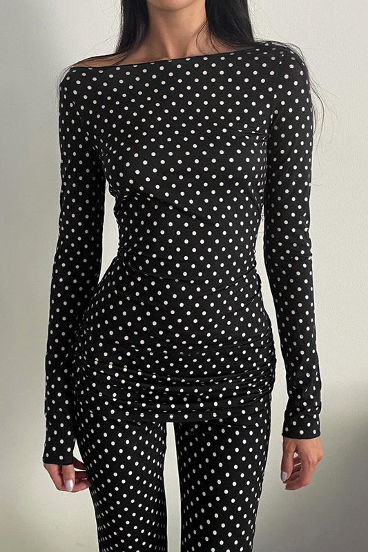 Woman wearing Off-Shoulder Polka Flare-Sleeve Set from Hicosy — view 3