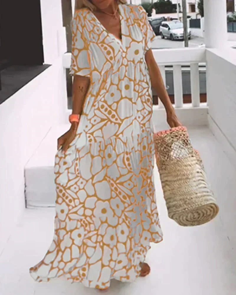 Floral Flutter Sleeve V Neck Tiered Flowy Maxi Dress