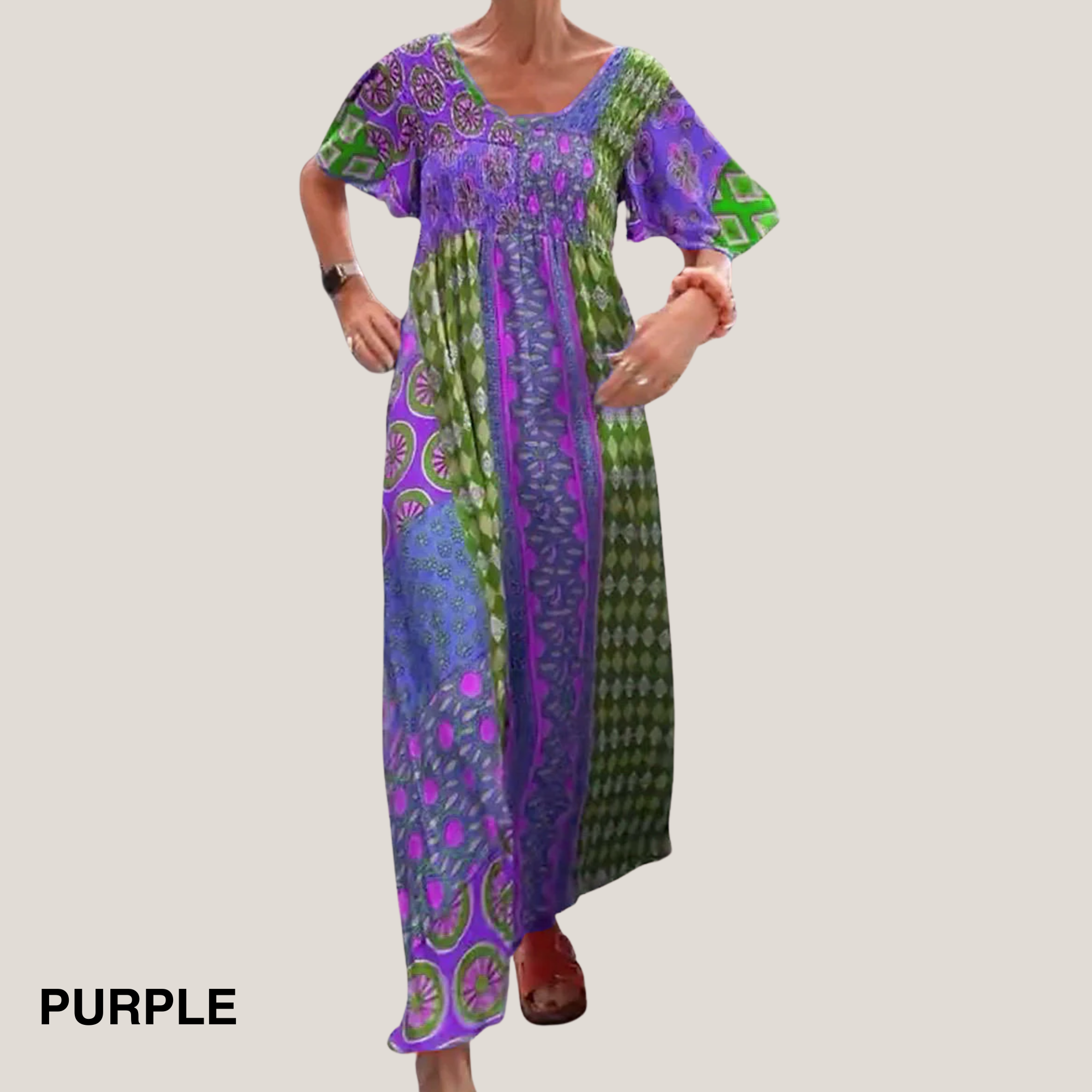 Paisley Patchwork Print Smocked Bodice Short Sleeve Boho Maxi Dress