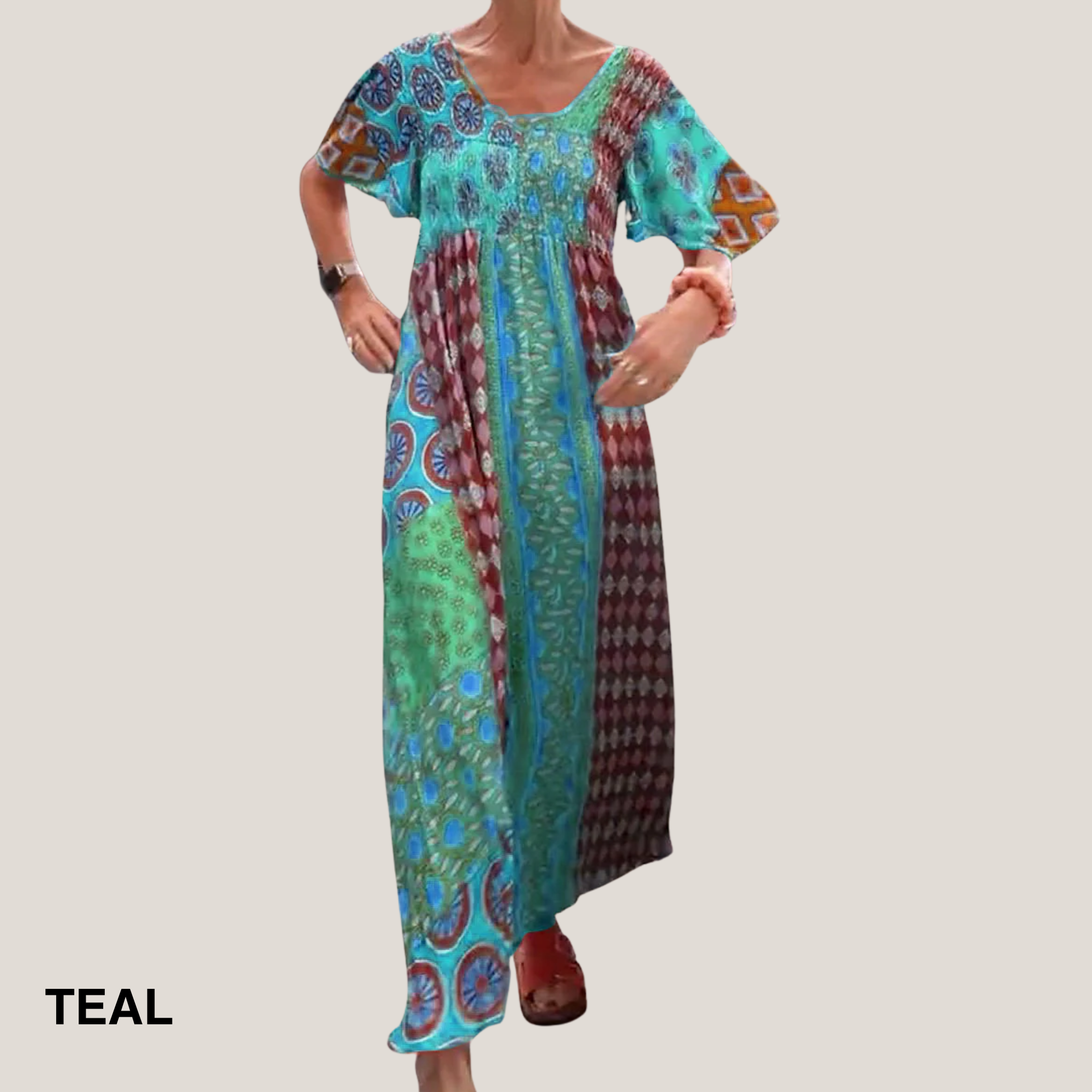 Paisley Patchwork Print Smocked Bodice Short Sleeve Boho Maxi Dress