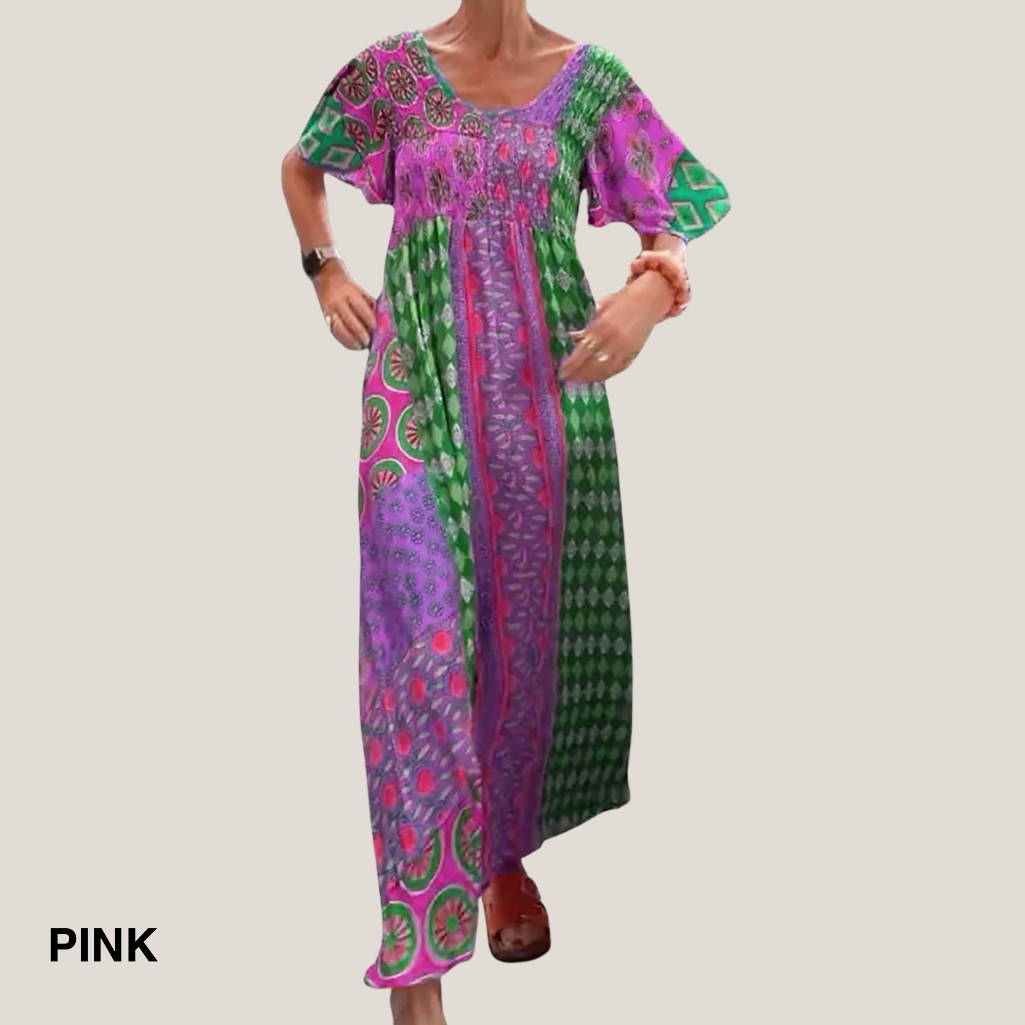 Paisley Patchwork Print Smocked Bodice Short Sleeve Boho Maxi Dress