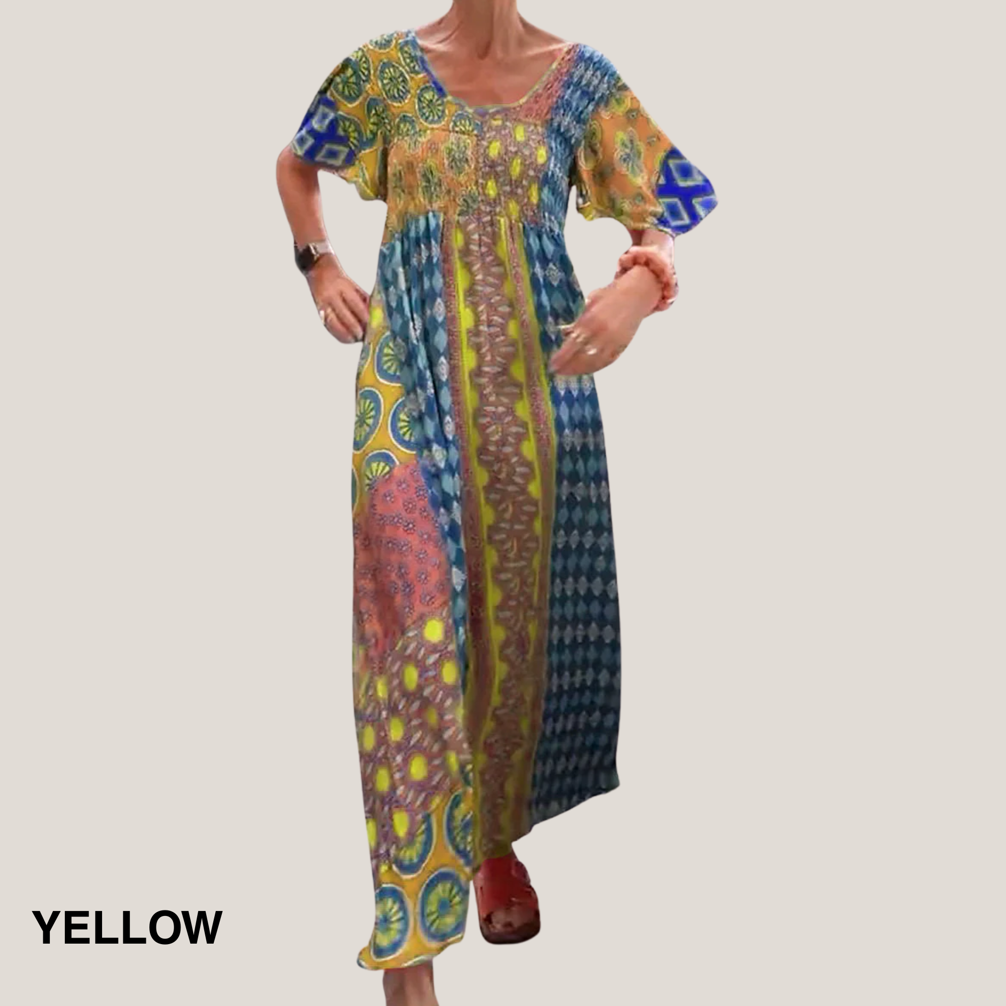 Paisley Patchwork Print Smocked Bodice Short Sleeve Boho Maxi Dress