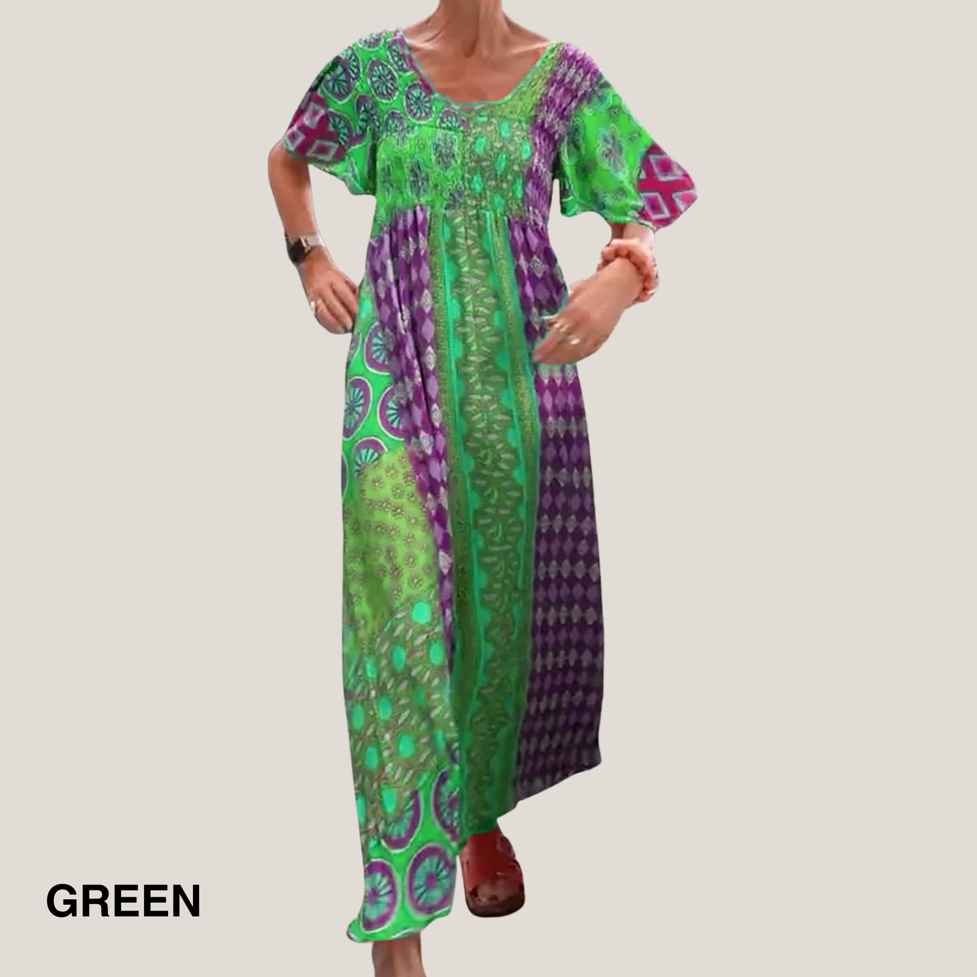 Paisley Patchwork Print Smocked Bodice Short Sleeve Boho Maxi Dress