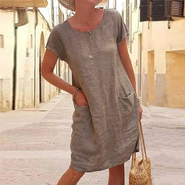 Cotton Linen Short Sleeve Pocket Casual Midi Dress
