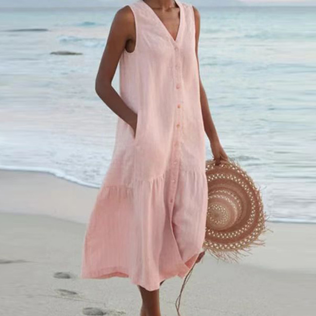 Button Front V Neck Sleeveless Ruffle Hem Casual Linen Midi Dress