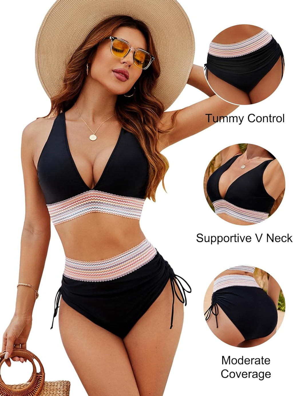 Crochet Trim Halter High Waist Drawstring Bikini Set