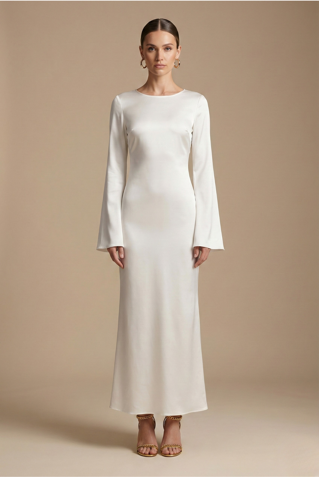 Satin Flare Sleeve Round Neck Column Maxi Dress - Formal Evening Gown