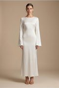 Satin Flare Sleeve Round Neck Column Maxi Dress - Formal Evening Gown