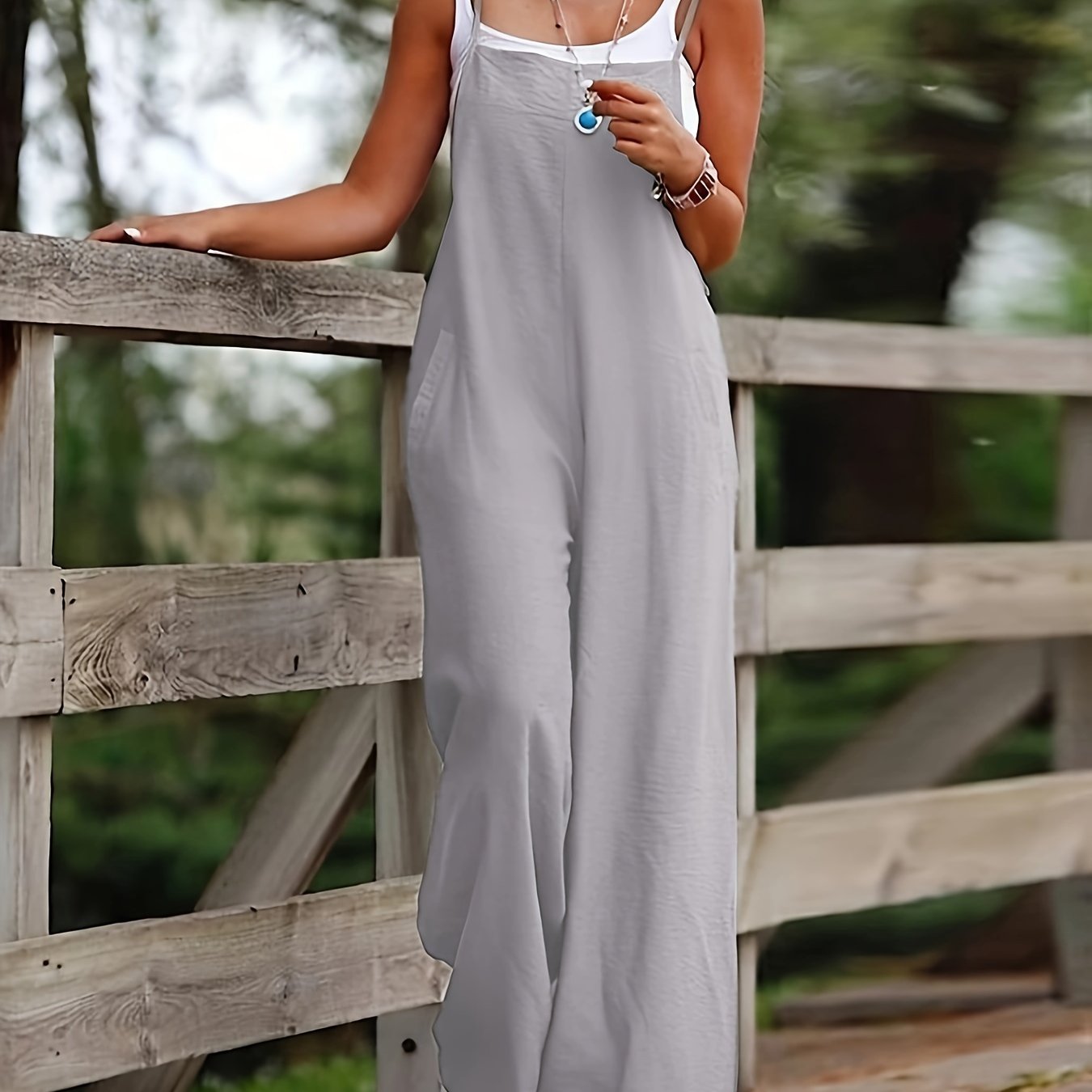 Wide Leg Linen Sleeveless Dungaree Casual Jumpsuit