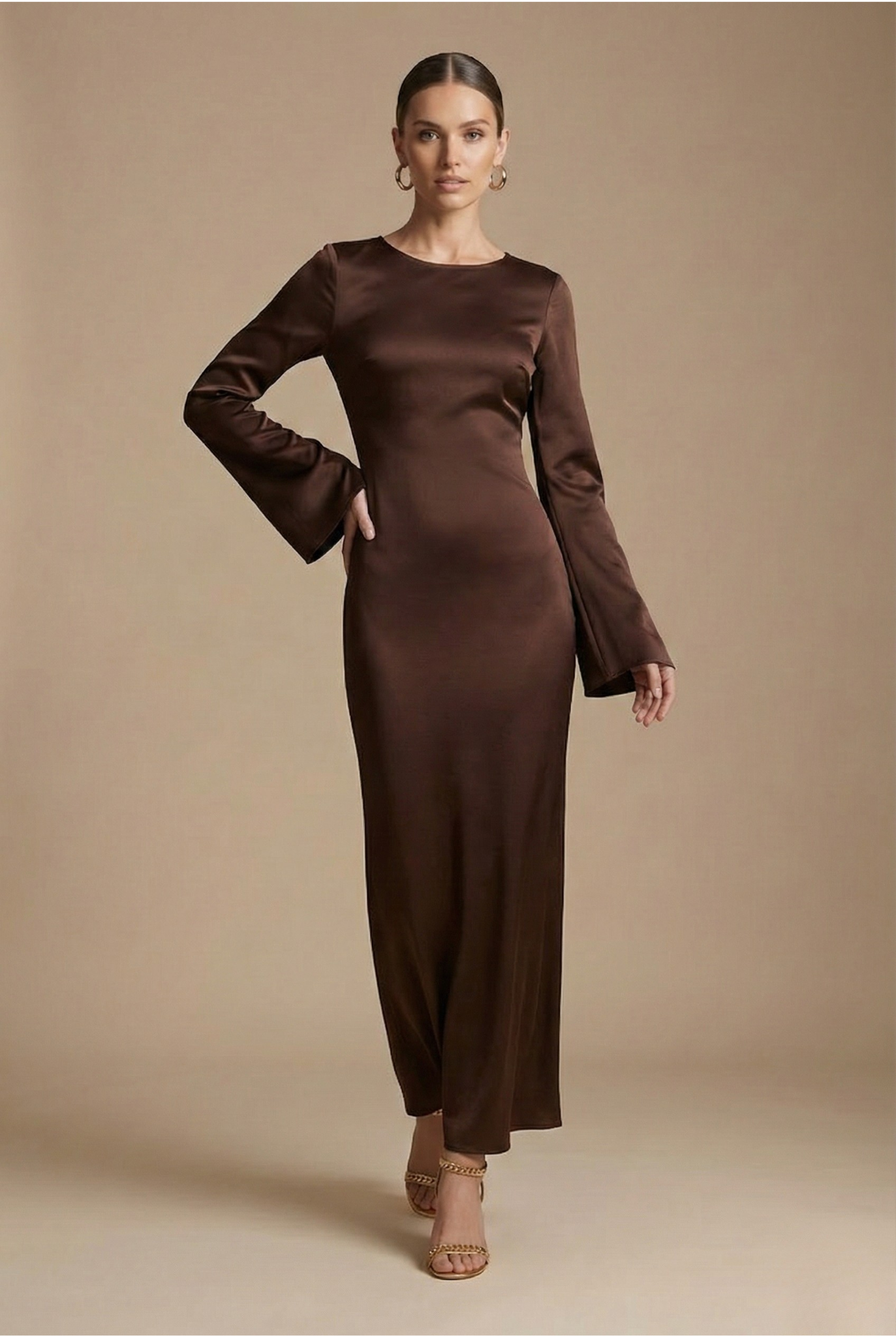 Satin Flare Sleeve Round Neck Column Maxi Dress - Formal Evening Gown