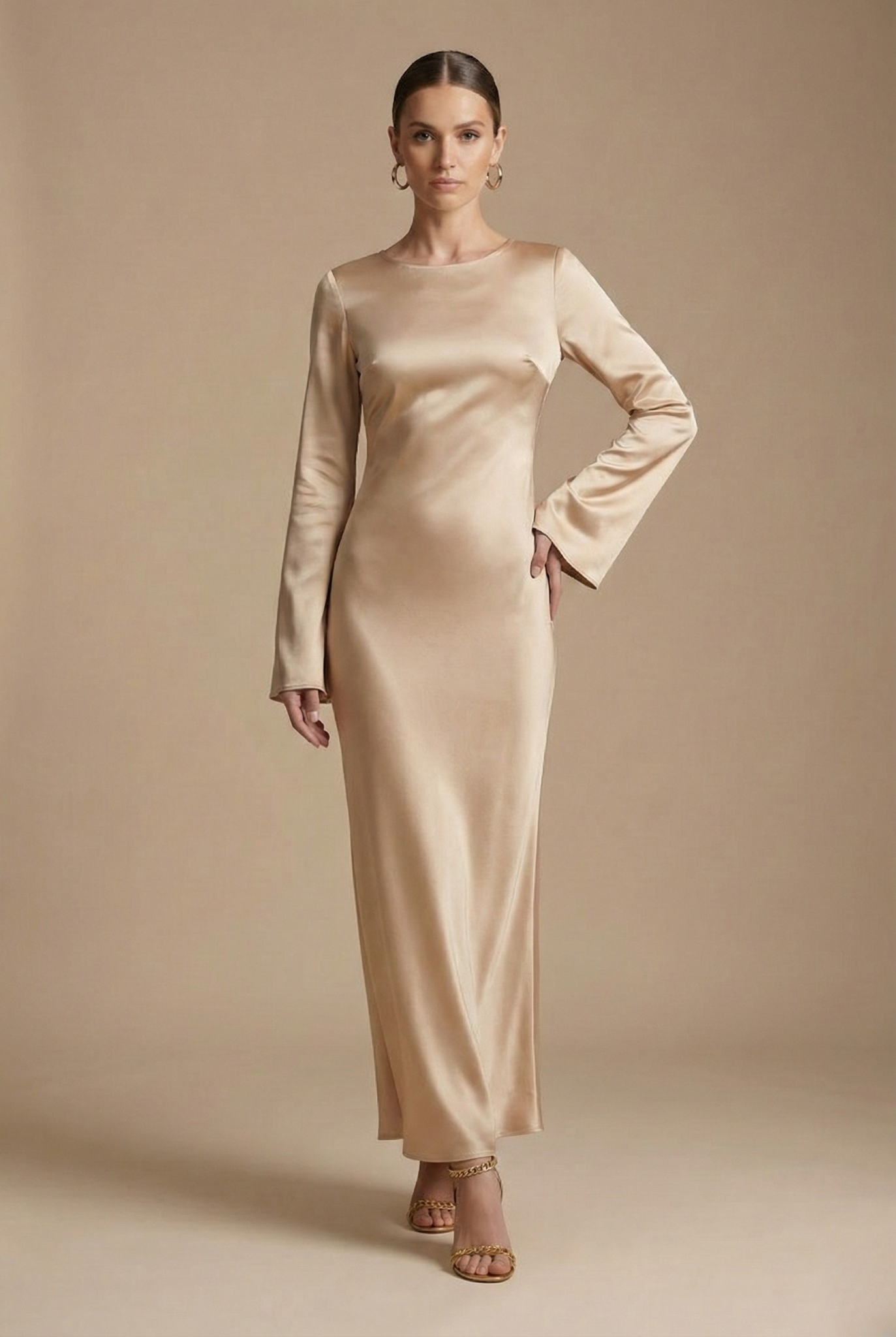 Satin Flare Sleeve Round Neck Column Maxi Dress - Formal Evening Gown