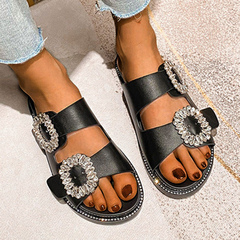 Aella Buckle Rhinestone Beach Sandals