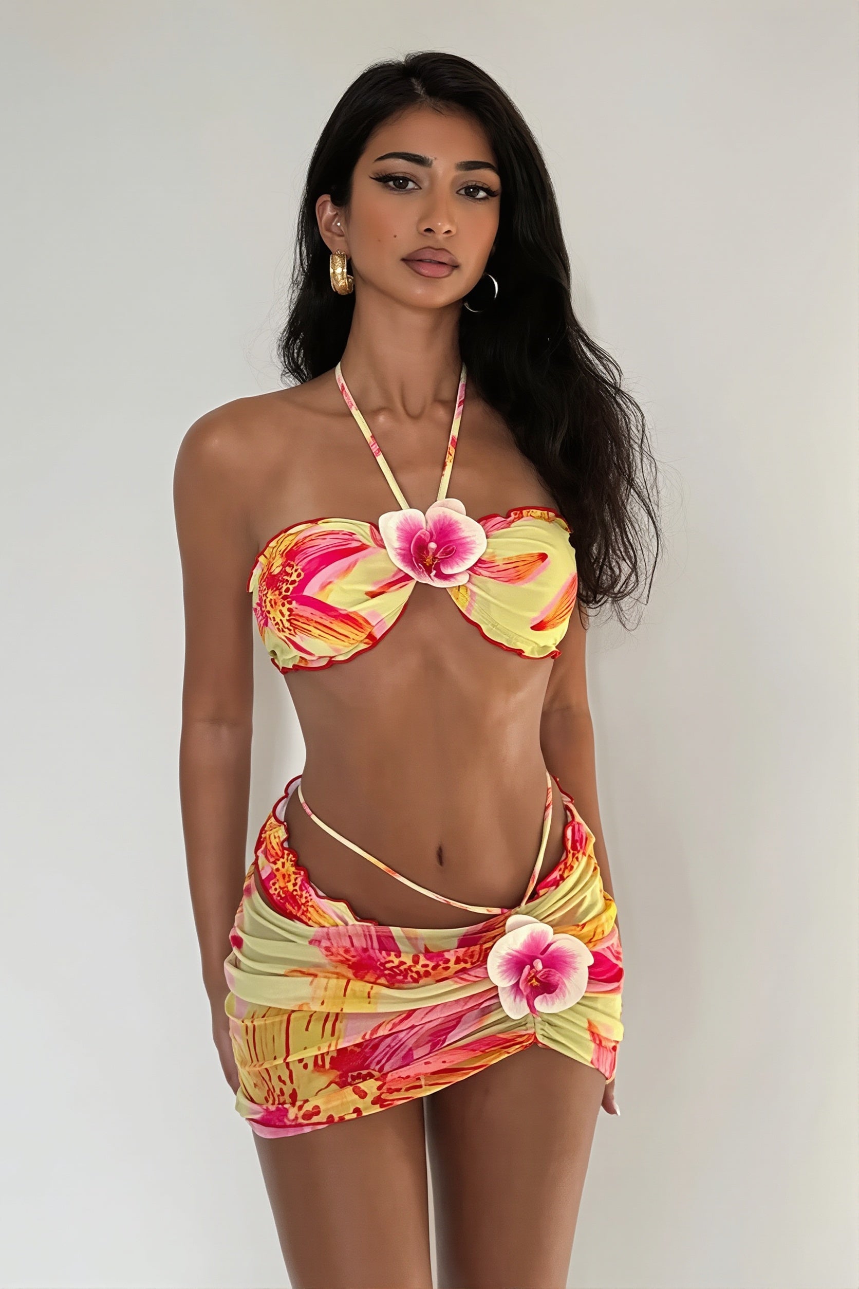 Print Halter Backless Bikini Set Three Piece Swim Sets