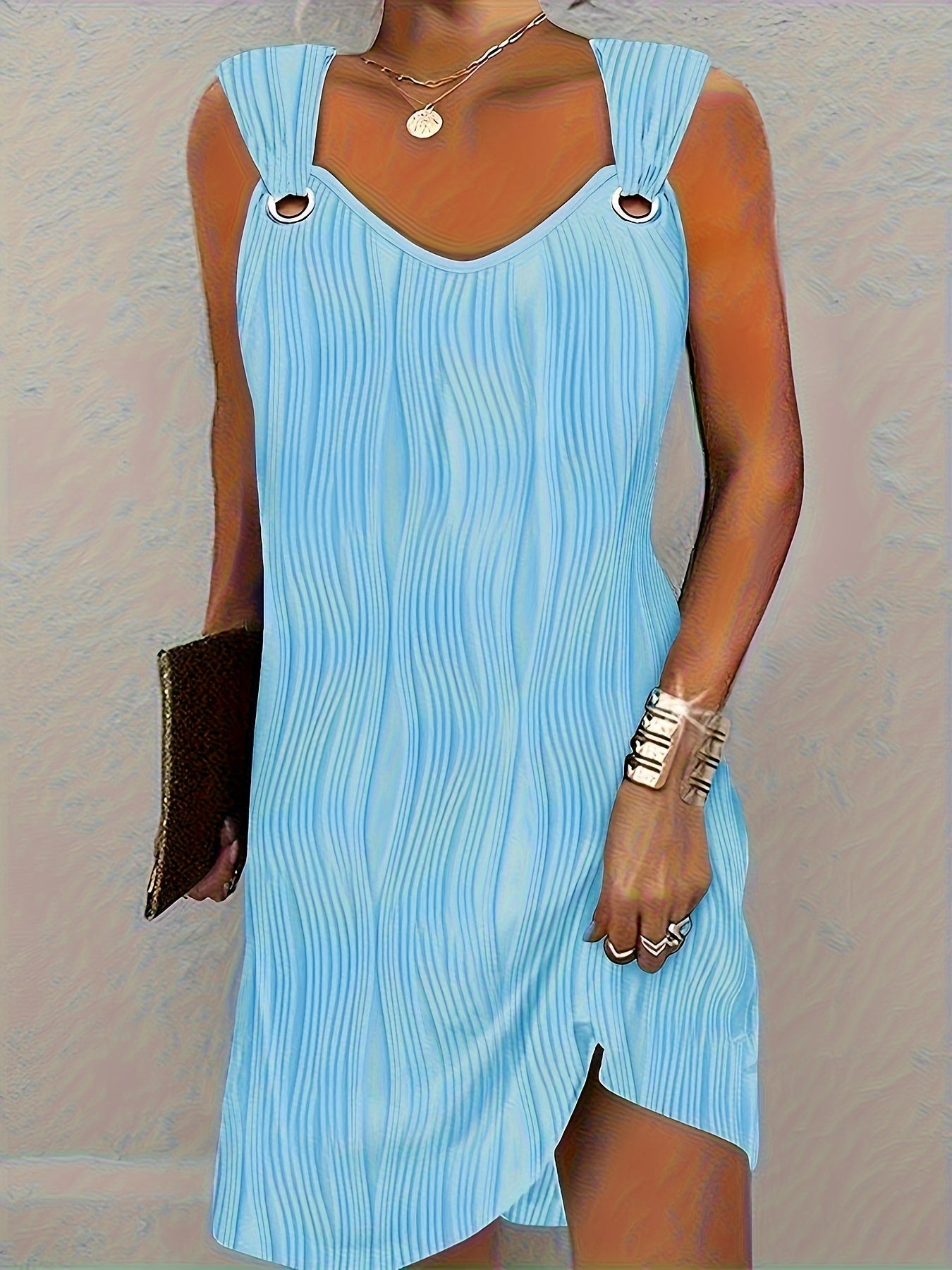 Textured Wave Plisse O-Ring Strap Sleeveless Mini Dress