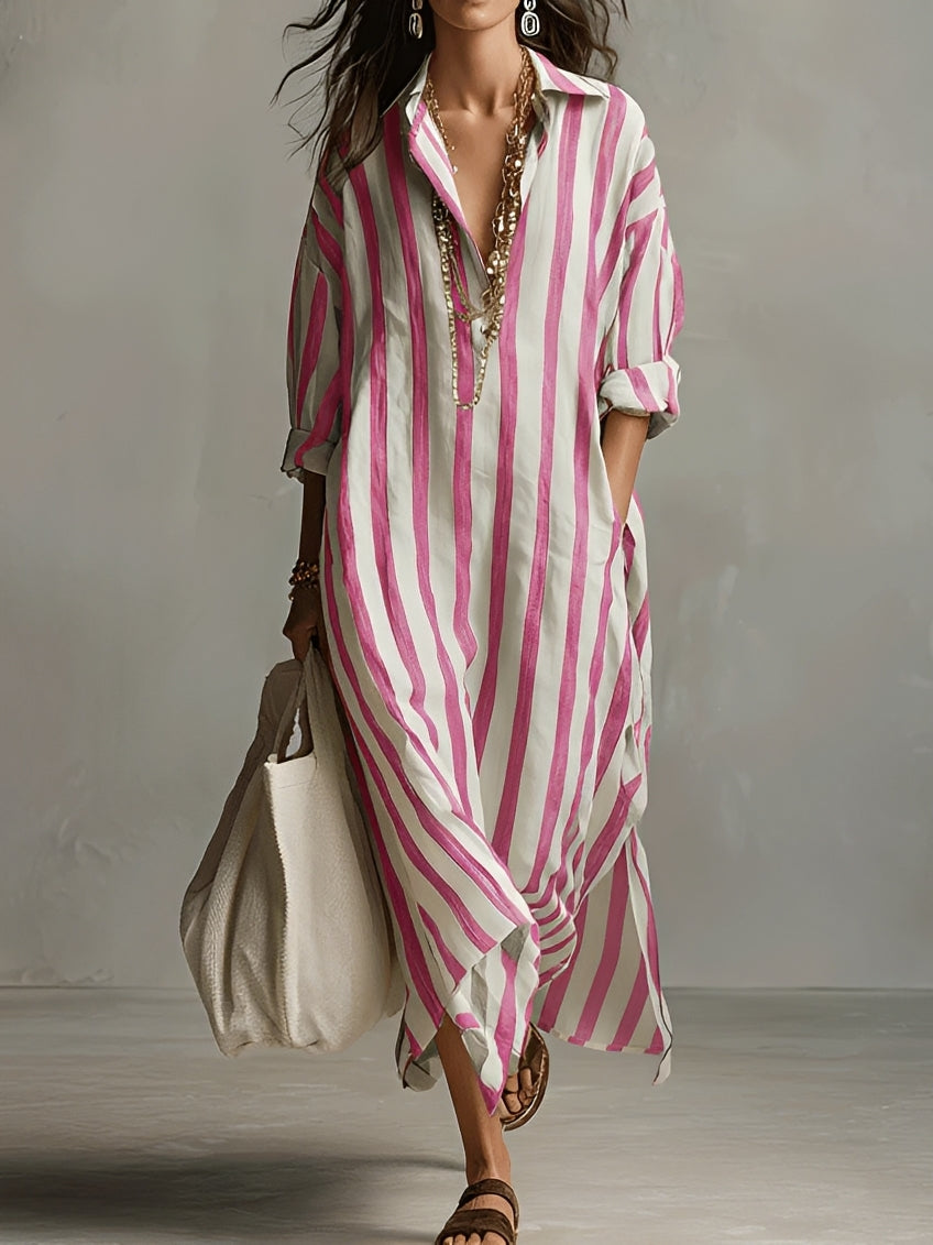 Striped V Neck Long Sleeve Casual Maxi Dress