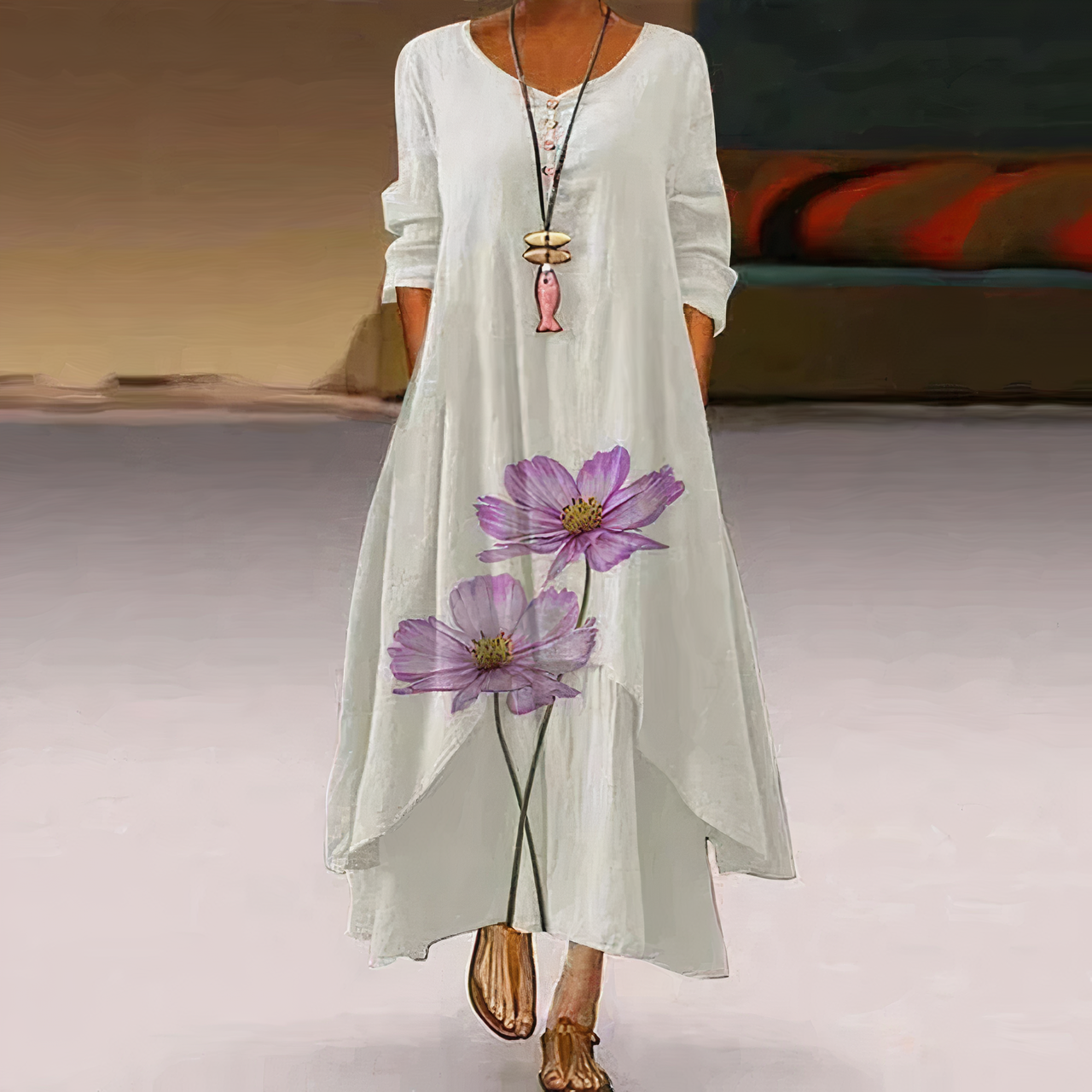 Floral Border Print Long Sleeve Oversized Maxi Dress