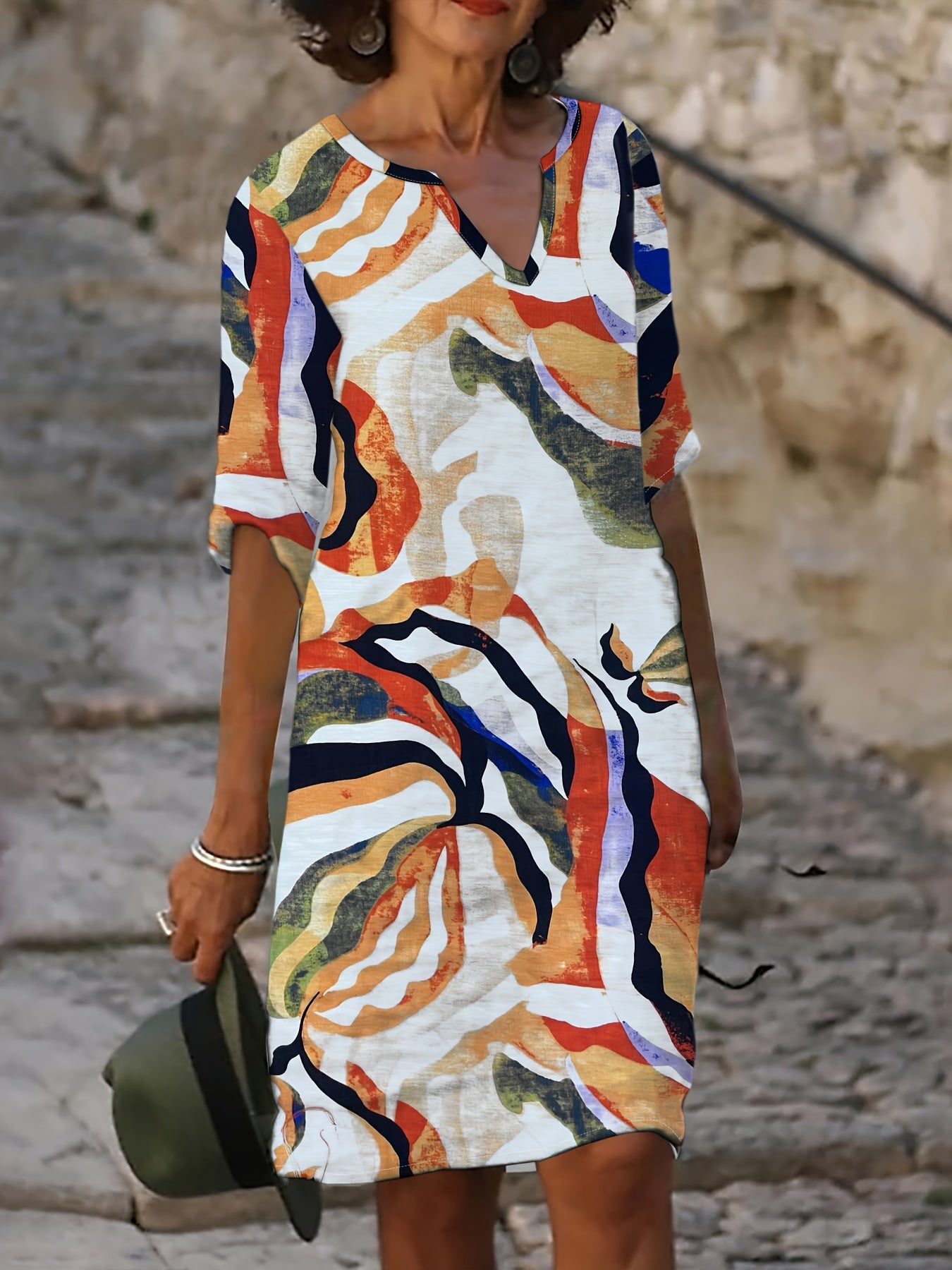 Women's Spring/Autumn Casual Straight-Leg V-Neck Printed Dress
