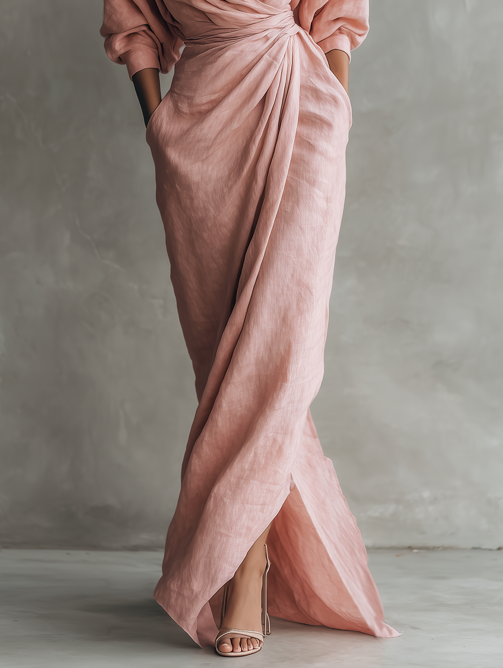 Draped Wrap V Neck Batwing Sleeve Linen Maxi Dress - Wedding Guest