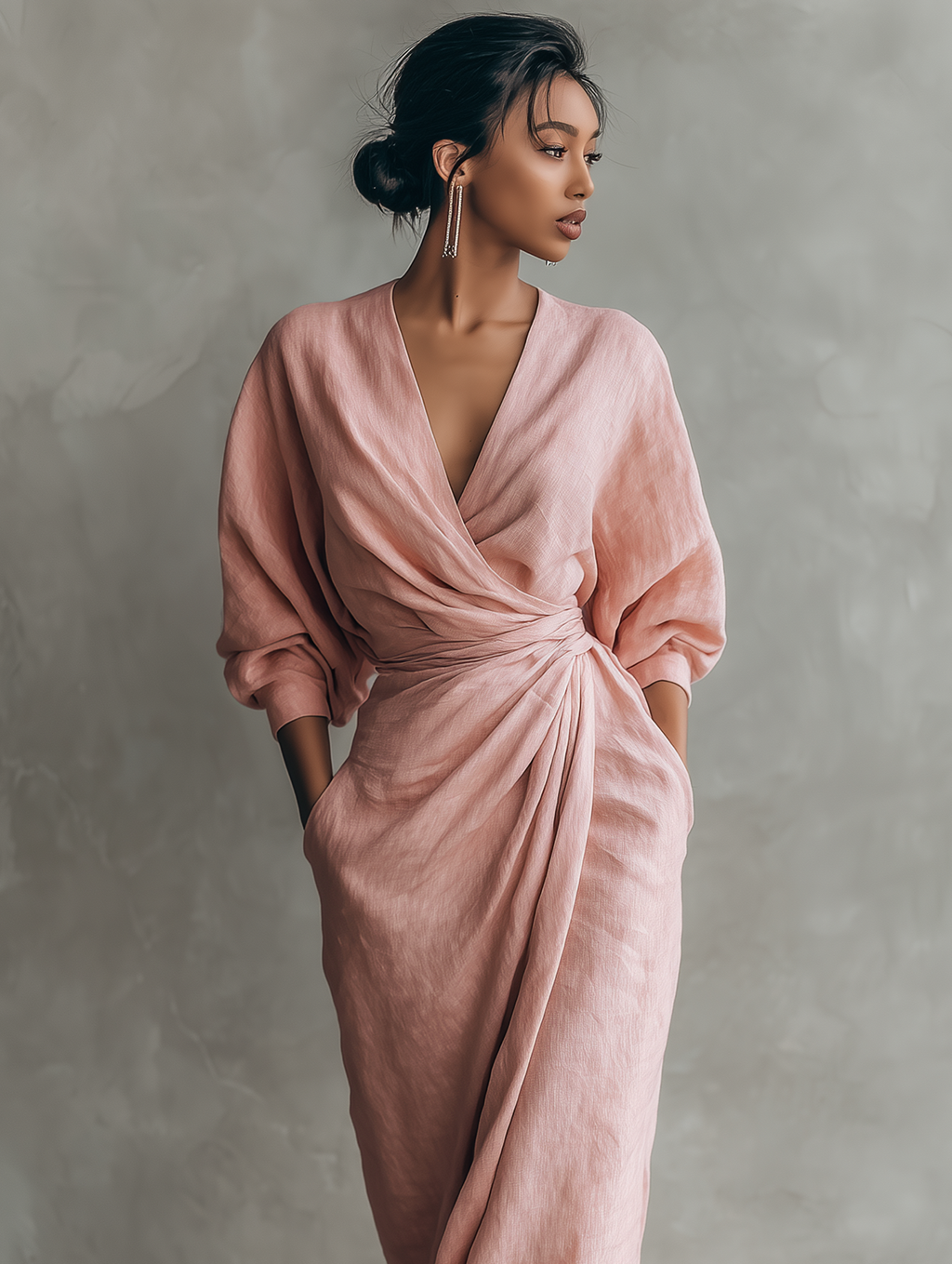 Draped Wrap V Neck Batwing Sleeve Linen Maxi Dress - Wedding Guest