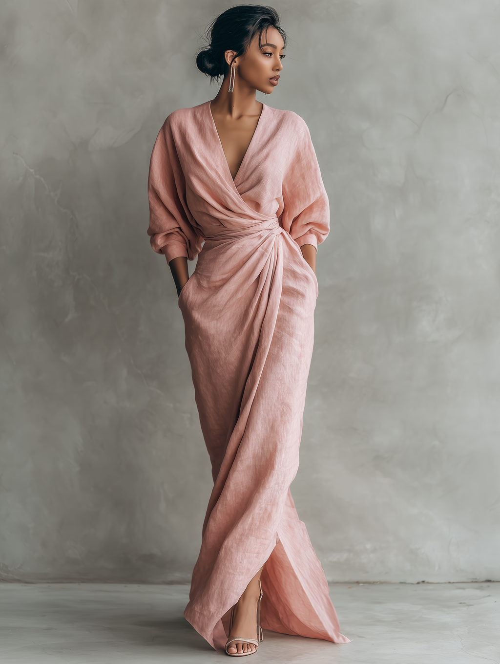 Draped Wrap V Neck Batwing Sleeve Linen Maxi Dress - Wedding Guest