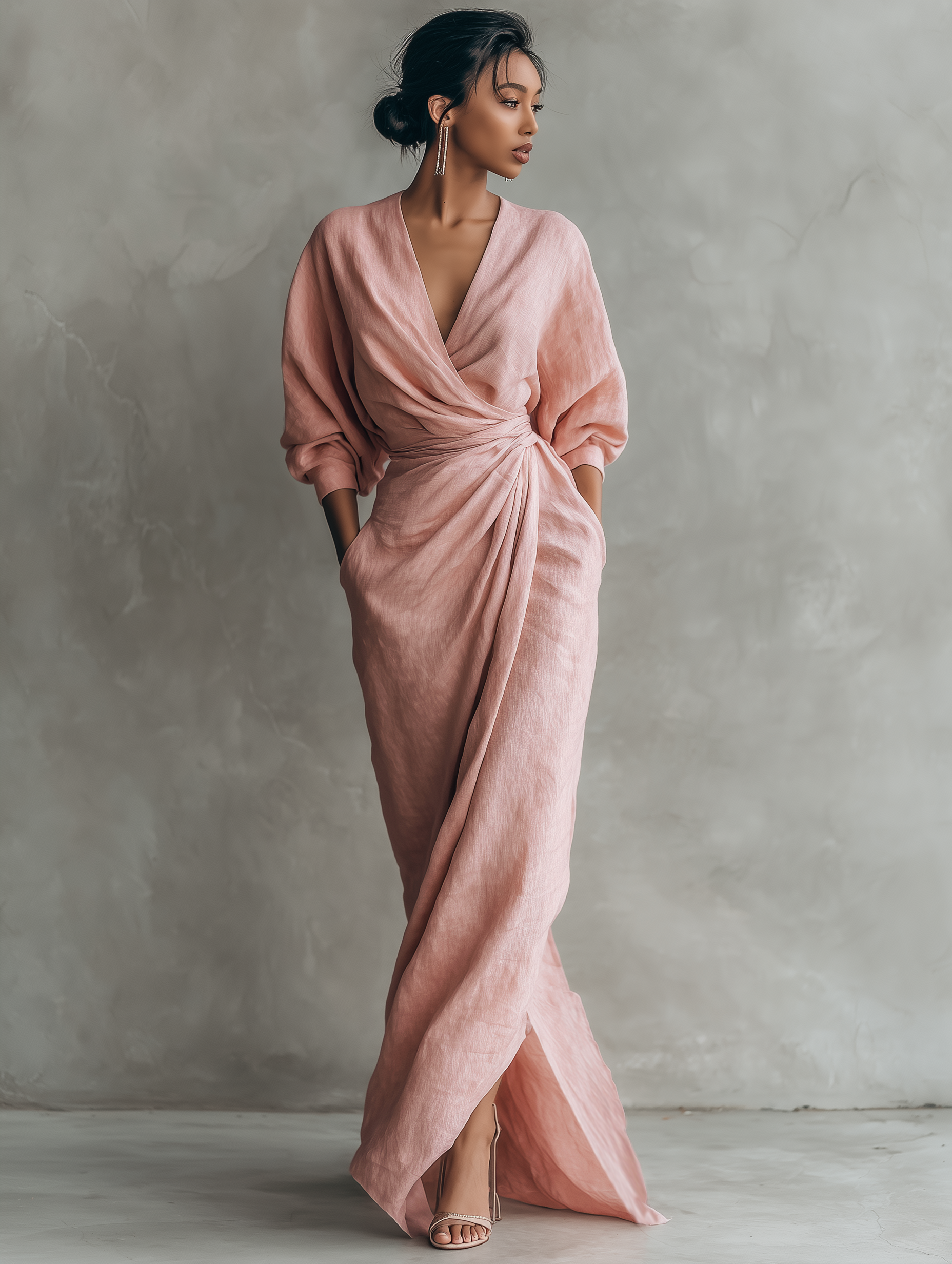 Draped Wrap V Neck Batwing Sleeve Linen Maxi Dress - Wedding Guest