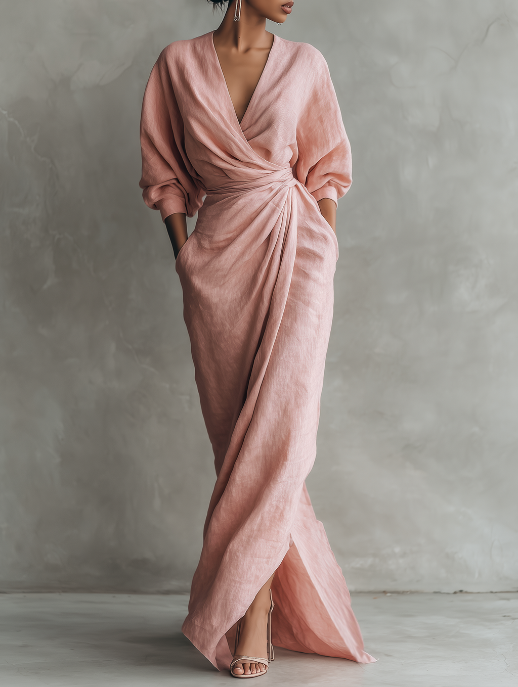 Draped Wrap V Neck Batwing Sleeve Linen Maxi Dress - Wedding Guest