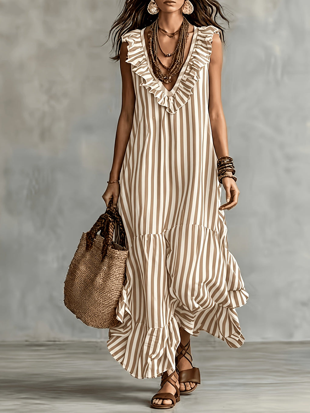 Striped Ruffled V Neck Boho Maxi Dress for Vacation