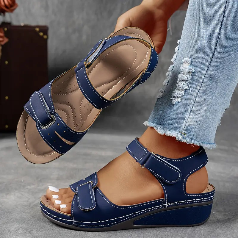 Hook Loop Strap Cushioned Wedge Casual Sandal