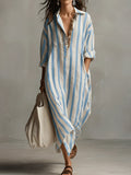 Striped V Neck Long Sleeve Casual Maxi Dress