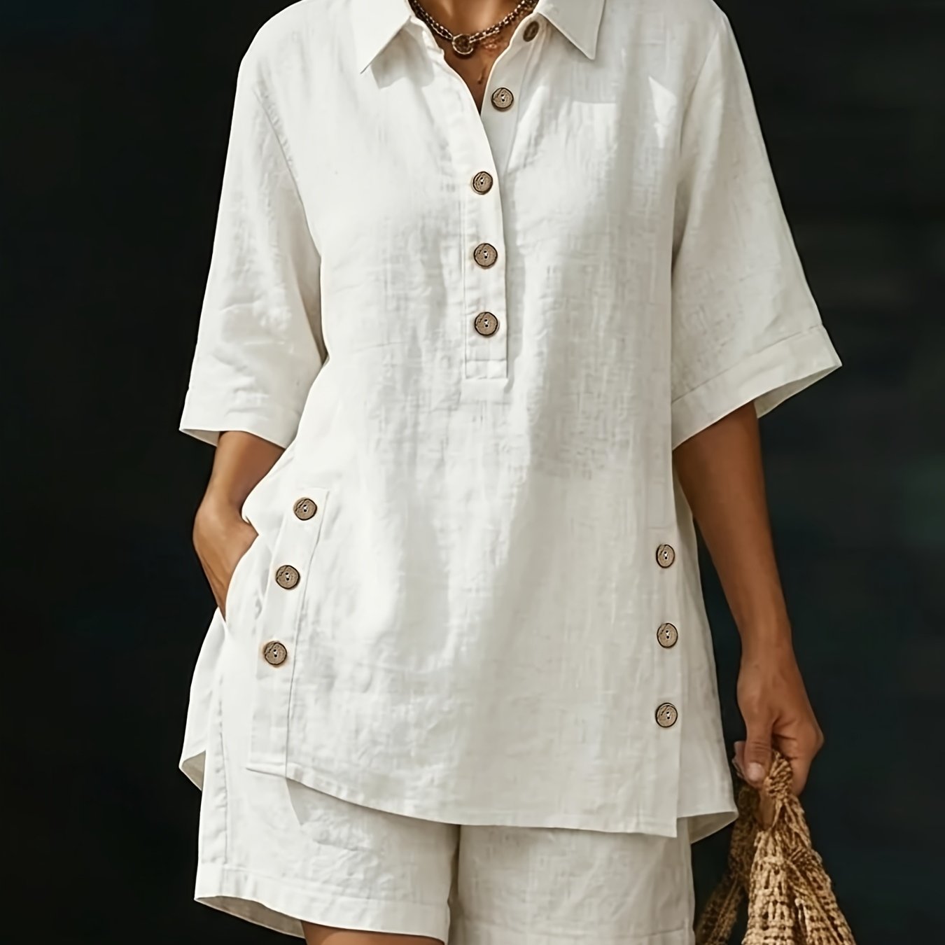 Linen Button Detail Collared Top and Short Set