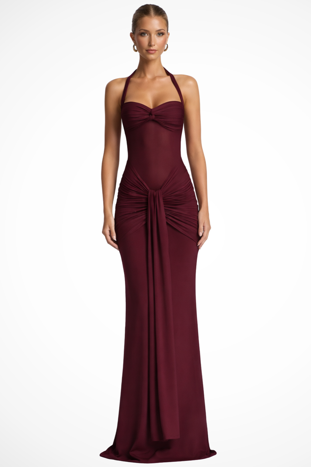 Ruched Halter Neck Bodycon Maxi Dress - Formal Evening Gown