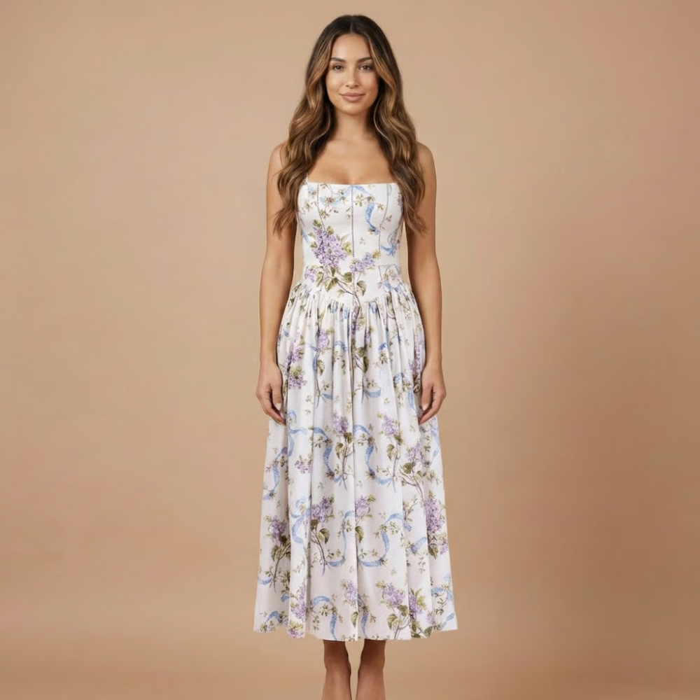 Floral Corset Bodice Gathered Skirt Midi Dress - Wedding Guest