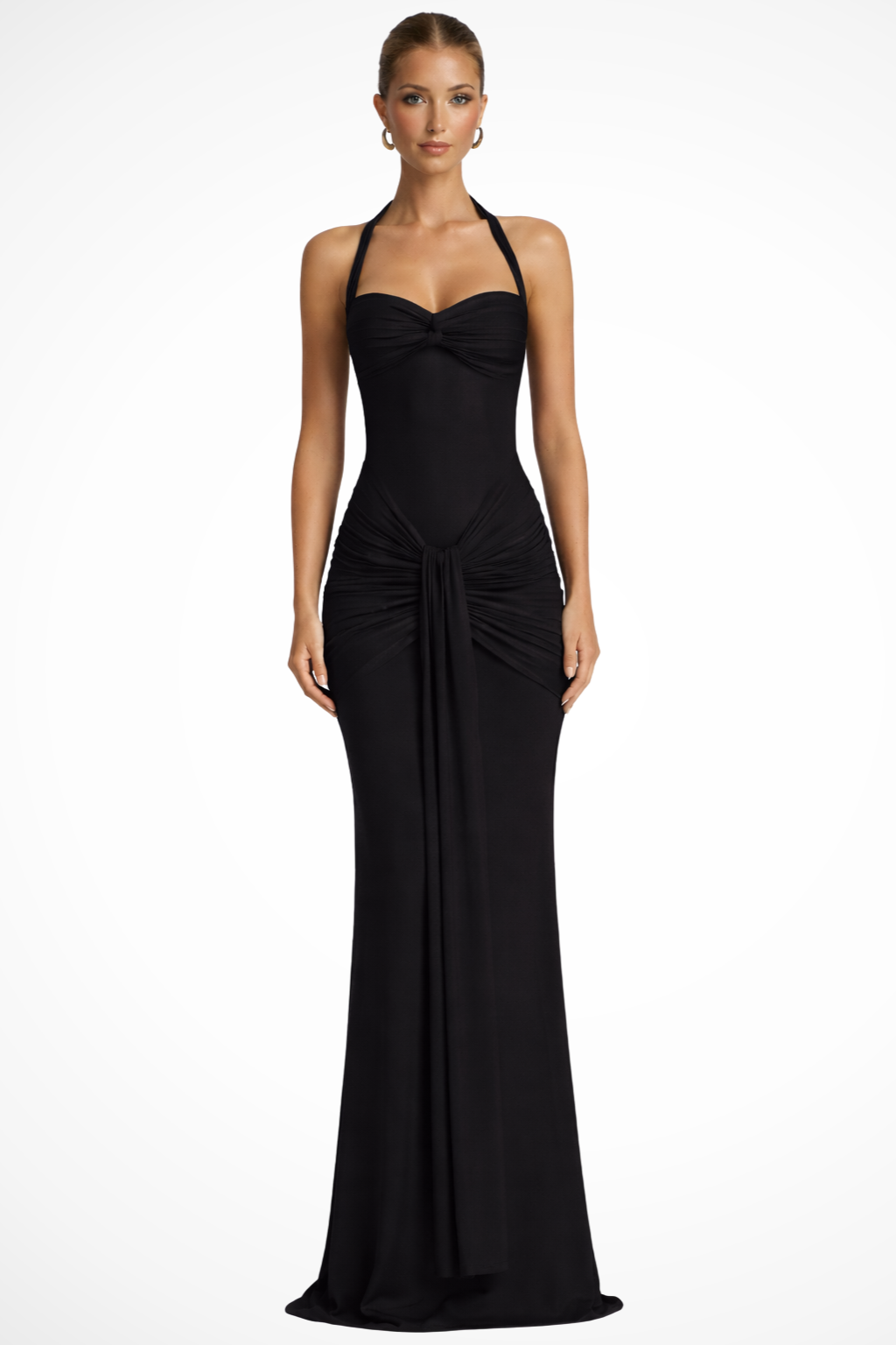 Ruched Halter Neck Bodycon Maxi Dress - Formal Evening Gown