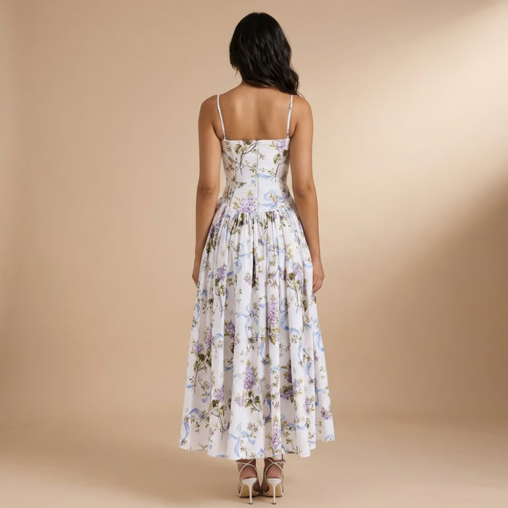 Floral Corset Bodice Gathered Skirt Midi Dress - Wedding Guest