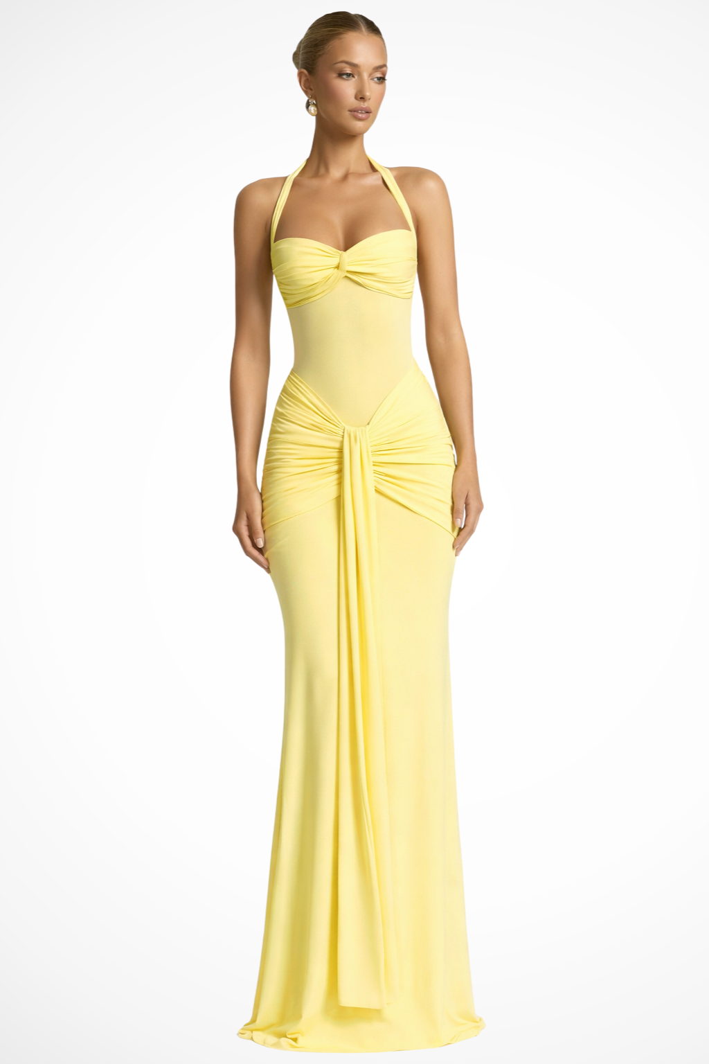 Ruched Halter Neck Bodycon Maxi Dress - Formal Evening Gown