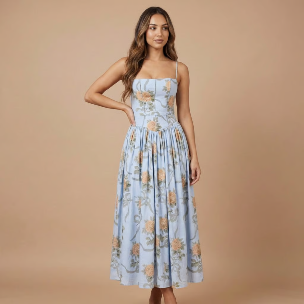 Floral Corset Bodice Gathered Skirt Midi Dress - Wedding Guest