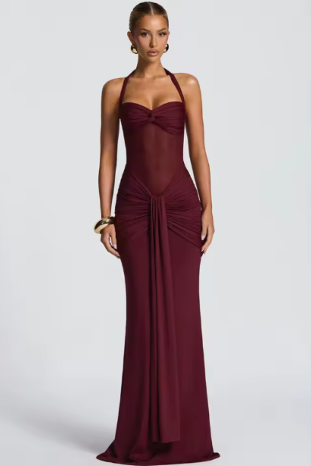 Ruched Halter Neck Bodycon Maxi Dress - Formal Evening Gown