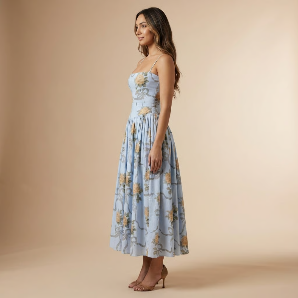 Floral Corset Bodice Gathered Skirt Midi Dress - Wedding Guest