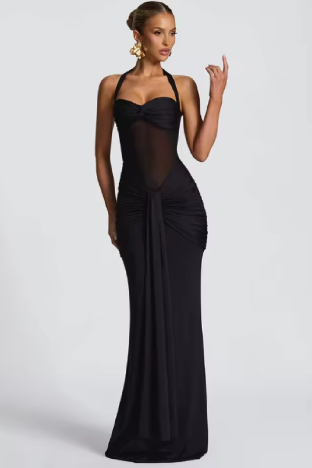 Ruched Halter Neck Bodycon Maxi Dress - Formal Evening Gown