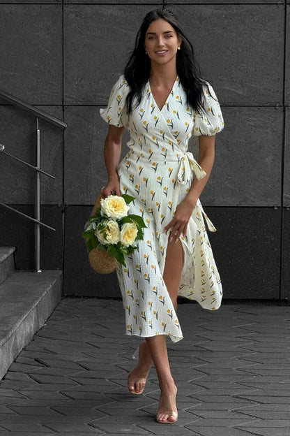 Printed Puff Sleeve Cotton Midi Dress
