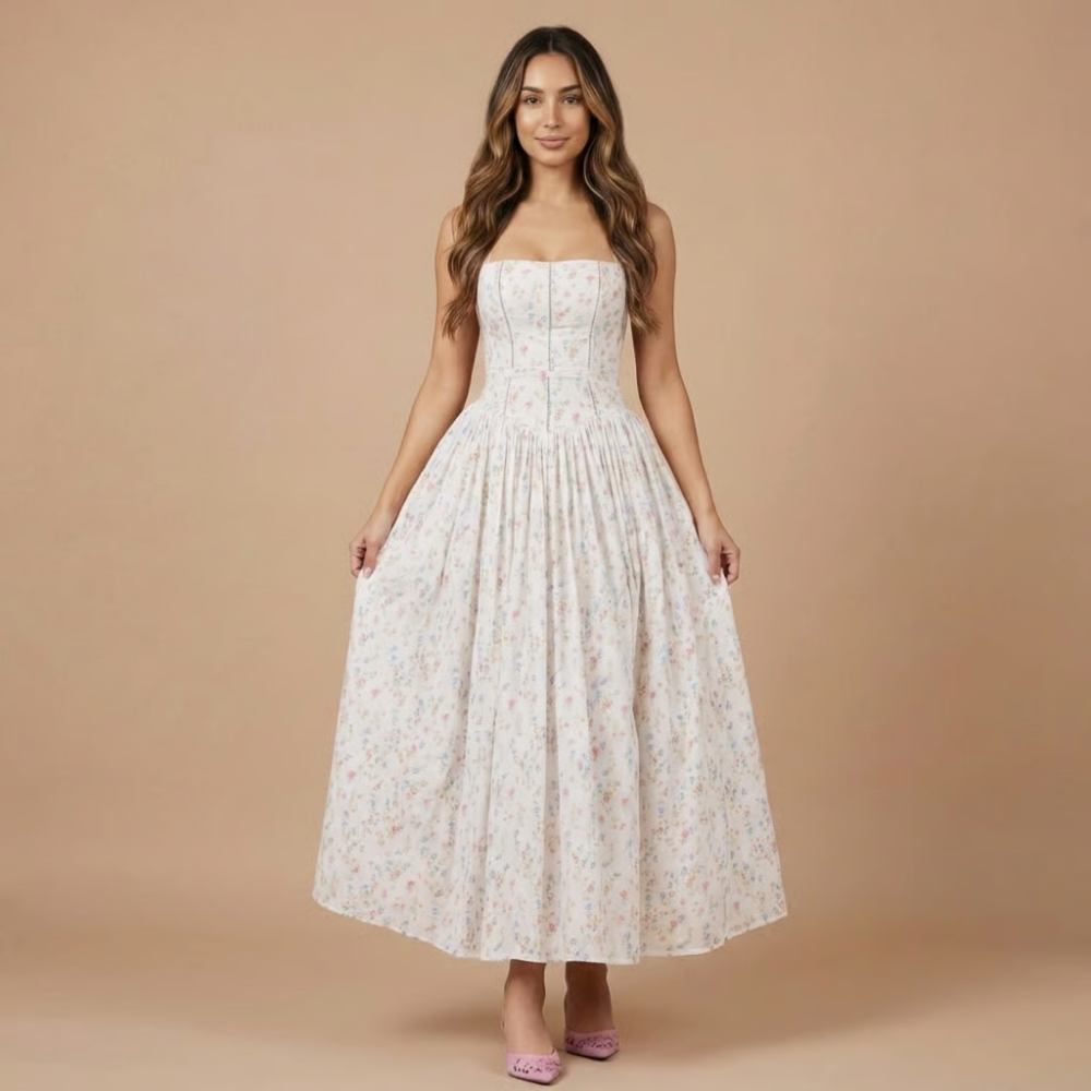 Floral Corset Bodice Gathered Skirt Midi Dress - Wedding Guest