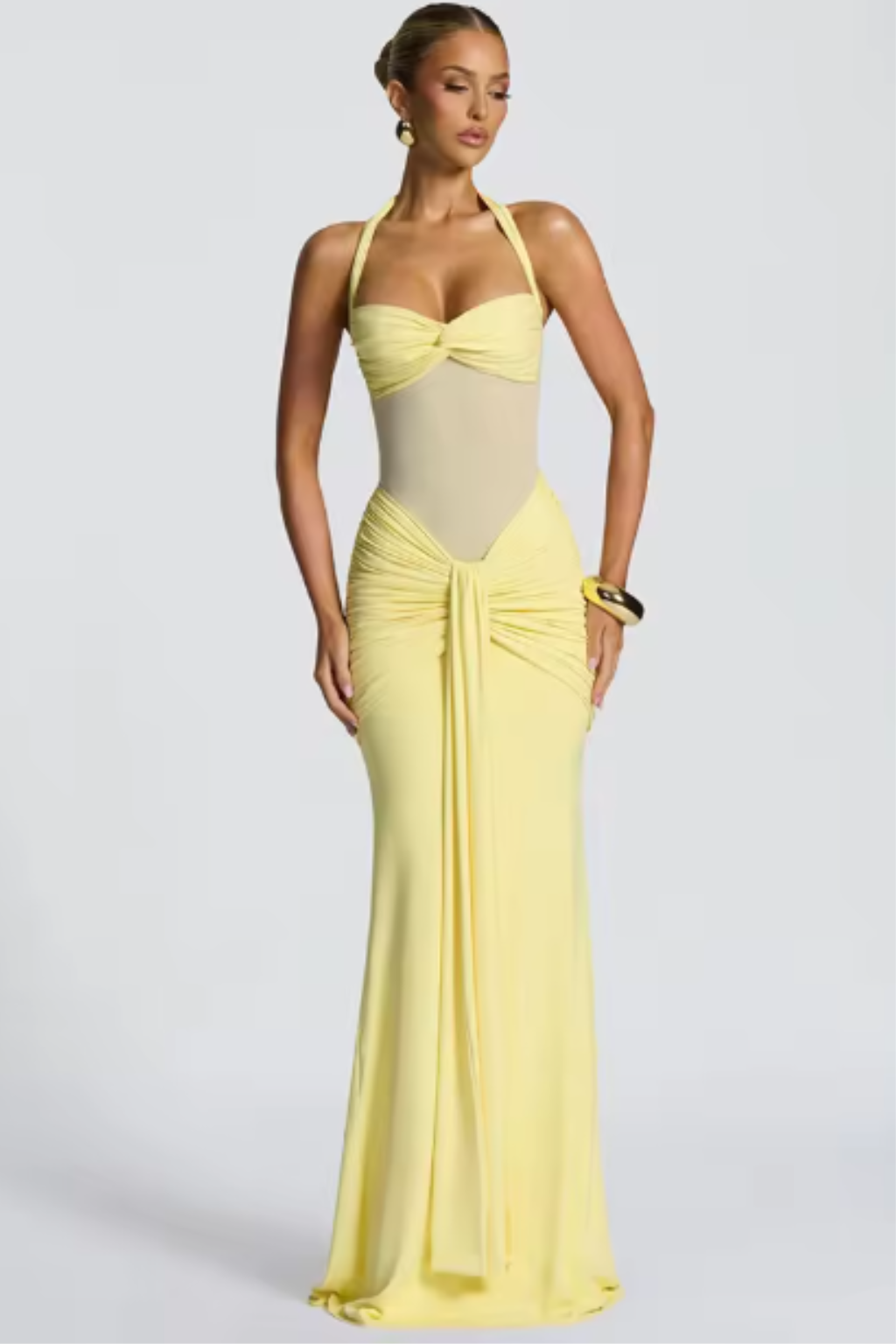 Ruched Halter Neck Bodycon Maxi Dress - Formal Evening Gown