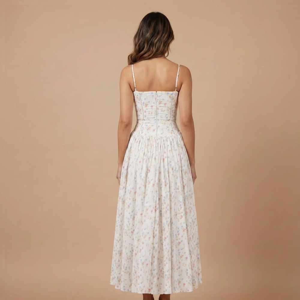 Floral Corset Bodice Gathered Skirt Midi Dress - Wedding Guest