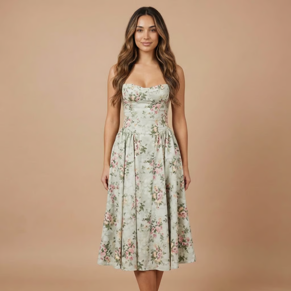 Floral Corset Bodice Gathered Skirt Midi Dress - Wedding Guest